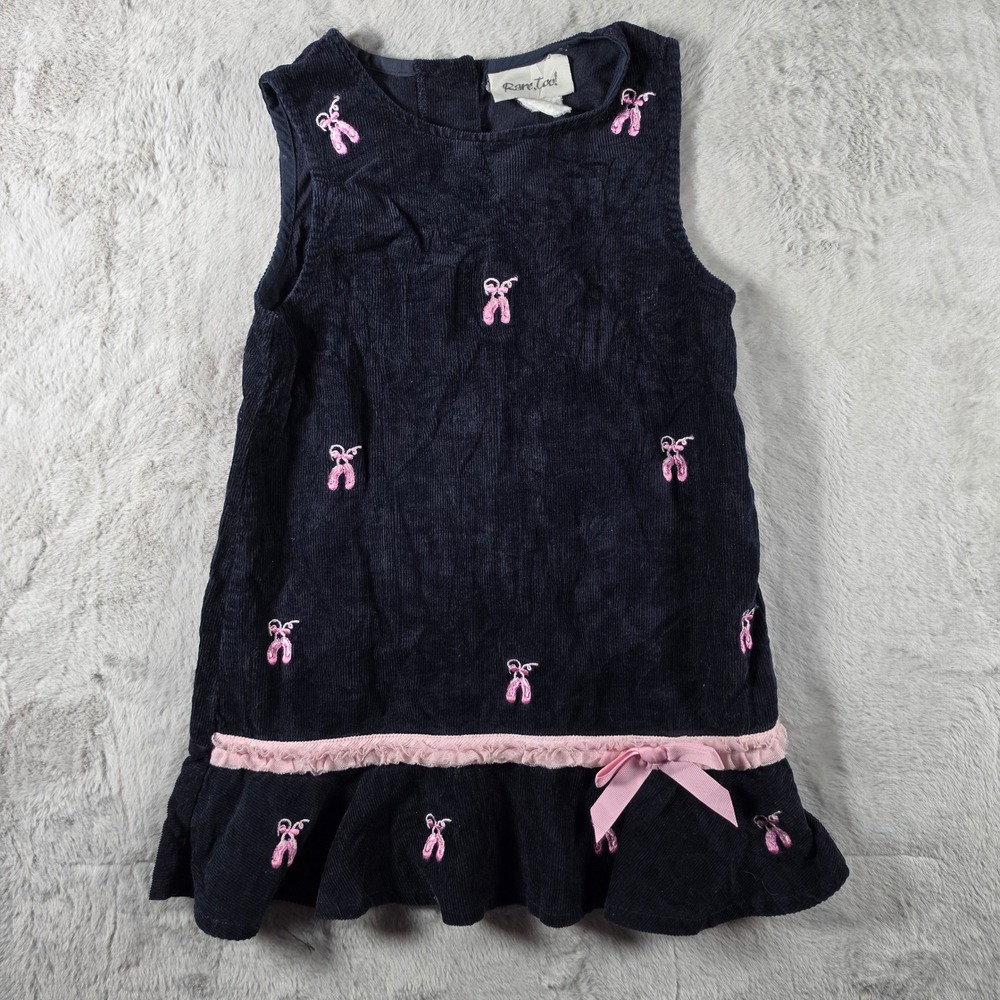 Rare Too! Corduroy Jumper Girls 4T Navy Pink Embroidered Ballet Slippers Ruffle‎